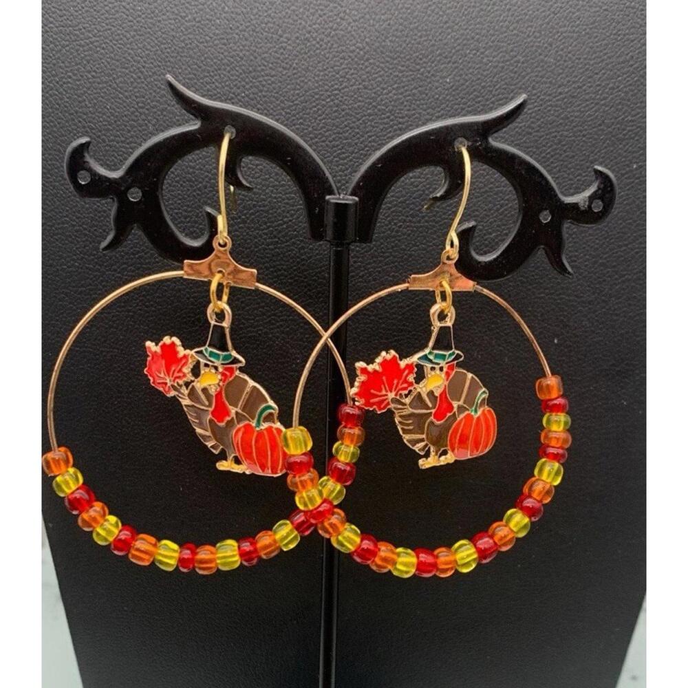 Gold Tone And Multi Color Beaded Hoop Earrings W An Enamel‎ Thanksgiving Turkey
